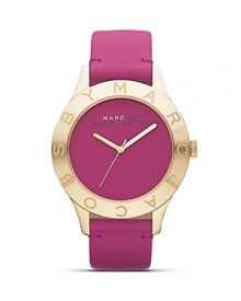 Perfect playful accessorizing with this purple timepiece from MARC BY MARC JACOBS. Accented by a soft leather strap with gold-detailing, it's a royal watch.