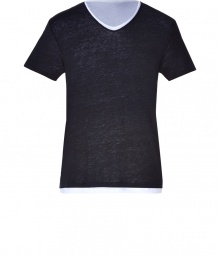 Stylish t-shirt in fine, linen and cotton blend - On-trend layered look in classically cool shades of black and white - Ultra-soft, summer weight material - V-neck and short sleeves - Slim, straight cut - A modern twist on a venerable wardrobe basic - Wear solo or beneath a blazer or cardigan and pair with jeans, khakis and shorts Stylish t-shirt in fine, linen and cotton blend - On-trend layered look in classically cool shades of black and white - Ultra-soft, summer weight material - V-neck and short sleeves - Slim, straight cut - A modern twist on a venerable wardrobe basic - Wear solo or beneath a blazer or cardigan and pair with jeans, khakis and shorts