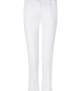 Get the of-the-moment look in these stylish cropped pants from Michael Kors - Button tab front detail, slim fit, ankle-grazing length, front leg crease, two front slash pockets, two back welt button pockets - Pair with a V-neck pullover, bold-shoulder blazer, and wedge booties