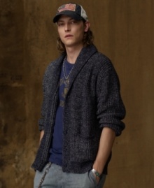 Inspired by the high seas, this knit sweater channels the look of a rugged fisherman with its loose, cozy fit and weathered detailing. Inspired by the high seas, this knit sweater channels the look of a rugged fisherman with its loose, cozy fit and weathered detailing.