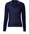 Luxe pullover in fine, pure navy cashmere - Supremely soft, densely woven knit - Wide V-neck with contrast grey trim at collar - Straight, fitted silhouette - Streamlined and classically cool, ideal for both work and play - Pair with jeans, chinos or slim trousers and leather lace-ups or trainers