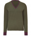 The classic V-neck pullover gets a colorful kick from Etro with this jewel-tone wool version - V-neck with contrasting purple hue, long sleeves with purple ribbed cuffs, logo at chest, slim fit - Style with jeans or chinos and brogues