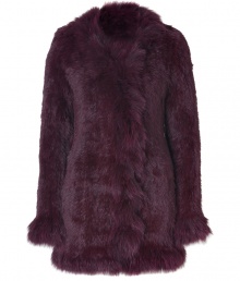 Exquisitely soft and equally luxurious, Matthew Williamsons rabbit fur coat is a glamorous investment tailored to multi-season sophistication - Collarless with fox fur trim, long sleeves, fox fur cuffs, hidden front hook closures - Long fitted silhouette - Pair with edgy leather separates and a finish of statement accessories