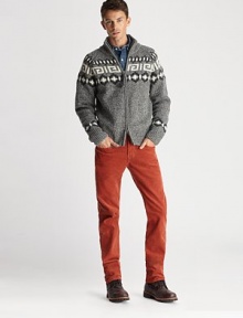 Traditional Nordic print pattern accents the shoulders and cuffs of a sport-inspired zip sweater knitted from fine wool for a superior fit and comfort.Two-way zip frontStand collarRibbed knit collar, cuffs and hemWoolDry cleanImported Traditional Nordic print pattern accents the shoulders and cuffs of a sport-inspired zip sweater knitted from fine wool for a superior fit and comfort.Two-way zip frontStand collarRibbed knit collar, cuffs and hemWoolDry cleanImported