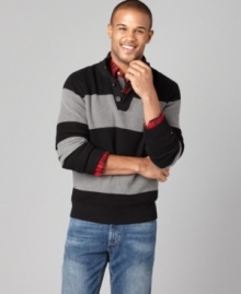 Be style savvy in broad stripes featured on this Tommy Hilfiger half-button sweater. Be style savvy in broad stripes featured on this Tommy Hilfiger half-button sweater.