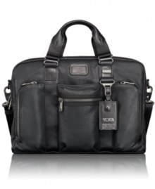 The Bravo leather collection bag from Tumi is crafted from lightweight-yet-rugged, full-grain leather that is burnished for a distressed look. The Bravo leather collection bag from Tumi is crafted from lightweight-yet-rugged, full-grain leather that is burnished for a distressed look.