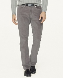 Channeling the stylish comfort of a classic jean with traditional five-pocket styling, a luxuriously soft corduroy pant is expertly tailored for a trim fit and modern aesthetic. Channeling the stylish comfort of a classic jean with traditional five-pocket styling, a luxuriously soft corduroy pant is expertly tailored for a trim fit and modern aesthetic.
