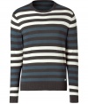 Stylish sweater in fine silk cotton and cashmere blend - Elegant brown, blue and cream striped colorway - Slim, slightly tapered cut - Long sleeves, small rounded crew neck - Sporty and casually cool, great for everyday - Pair with jeans, chinos and cords