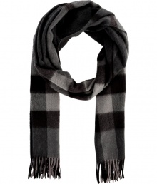 Give your look that cool modern edge with Burberry Londons dark charcoal checked scarf, detailed in brushed cashmere for luxuriously cozy results - Fringing at both ends - Wear inside over bright knit sweaters, or outdoors over sleek leather jackets Give your look that cool modern edge with Burberry Londons dark charcoal checked scarf, detailed in brushed cashmere for luxuriously cozy results - Fringing at both ends - Wear inside over bright knit sweaters, or outdoors over sleek leather jackets