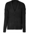 Stylish cardigan in a fine black wool blend - Fashionably patterned knit - Slim fitted silhouette, with a V-neck, button placket and long sleeves - Ribbed knit cuffs - A dream basic, classy AND casual - A hit combination with jeans, business trousers, khakis