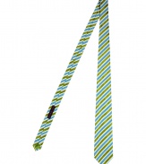 Elegant tie in fine, pure silk - A vibrantly sleek look from Italian luxury label Etro - Bold, apple green and turquoise stripe motif - Medium-width cut is classically cool and polished to perfection - Ideal for work and evenings out - Pair with a crisp, white button down and a dark suit - Also makes a superb gift