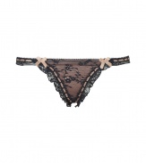 Get the sultry glamorous look of a vintage 1950s pin up girl in Von Follies by Dita Von Teeses black and nude stretch mesh thong - Sheer black stretch lace over nude front, tonal stitched satin trim, ruffled stretch lace trim, sheer mesh back - Thong back - Wear with the matching balconette bra for a seriously seductive look