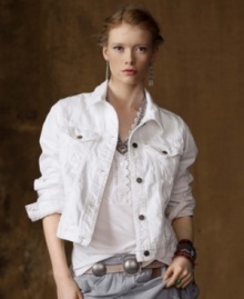 Capturing a spirit of adventure inspired by years on the open road, Denim & Supply Ralph Lauren's distressed trucker jacket is updated in brilliant white denim for a fresh take on a well-worn favorite. Capturing a spirit of adventure inspired by years on the open road, Denim & Supply Ralph Lauren's distressed trucker jacket is updated in brilliant white denim for a fresh take on a well-worn favorite.
