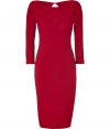 Ideal for taking from work into cocktails, Alberta Ferrettis radiant red sweater dress is a chic choice perfect for dressing up and down - Bateau neckline, 3/4 sleeves, cut-out clover back, pull-over style - Form-fitting - Pair with a blazer and flats for work, or dress up for cocktails with metallic accessories and sparkly fine jewelry