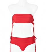 Take your swim look to the next level with this ultra-sexy bandeau bikini from La Perla by Jean Paul Gaultier - Ruched bandeau top with side cut outs and ties, back dual strap closure with clasp - Ruched bottoms with side cut out and ties - Style with a sheer caftan, wedge sandals, and a sunhat