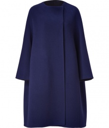 A pristine example of the contemporary Jil Sander look, this soft blue wool coat is a statement must-have for modern-minimalist wardrobes - collarless, seamed long dolman sleeves, hidden front snaps, side slit pockets, charcoal unlined interior - Oversized flared retro silhouette - Team with monochrome separates and jet black accessories A pristine example of the contemporary Jil Sander look, this soft blue wool coat is a statement must-have for modern-minimalist wardrobes - collarless, seamed long dolman sleeves, hidden front snaps, side slit pockets, charcoal unlined interior - Oversized flared retro silhouette - Team with monochrome separates and jet black accessories
