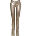 Fashion-forward looks get an ultra futuristic edge in Plein Suds shimmering metallic stretch skinnies - Front slit pockets, hidden hook and button closures, belt loops, extra form-fitting - Play with textures and pair with chunky modern knits and sleek suede ankle boots