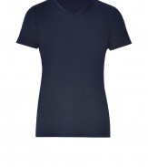 Stylish t-shirt in fine, pure navy blue cotton - Supremely soft, lightweight material ideal for summer layering - V-neck and short sleeves - Slimmer cut tapers gently through waist - An indispensable basic in any wardrobe, easily dressed up or down - Wear solo or layer beneath a blazer or cardigan and pair with jeans, chinos, shorts or linen trousers