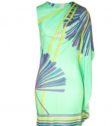 Luxurious dress in jade green patterned viscose - Asian-inspired multi-colored print - Feminine cute with with exposed arm and artful, asymmetrical draping - Unique combination of sexy and classy - Small rounded neck - Attention-grabbing dress for any chic event - Pair with booties or heeled sandals and a metallic clutch