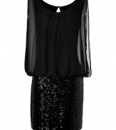 Shimmer into cocktail-hour elegance in Steffen Schrauts glamorous sequined stretch sheath - Scooped neckline, buttoned key-hole cut-out at nape, sleeveless, layered transparent tunic top, sequined trim - Form-fitting skirt - Perfect for parties and events with platform ankle boots or peep toes
