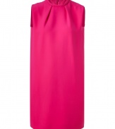 With its bright fuchsia hue and modern tailoring details, Valentinos sleeveless silk dress is a chic way to add a shock of vintage glamour to your look - Round neckline with braided trim, sleeveless, tucked shoulders, pleated front and back detail, side slit pockets, hidden side zip - Loose fit - Wear with flats and a bright rockstud clutch