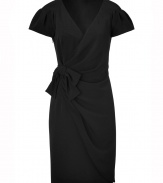 Detailed in textural crepe with an incredibly flattering fit, Viktor & Rolfs bow detailed sheath is a sweet yet sultry take on the Little Black Dress - Wrapped deep V-neckline, pleated cap sleeves, bow sash at waist, hidden side zip - Tailored fit - Wear with platform peep-toes and a metallic box clutch