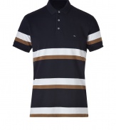 Inject an urbane edge into modern preppy looks with Marc by Marc Jacobs bold striped black multi polo - Classic collar, short sleeves, embroidered M.J. initials at chest, partial button placket, slit sides - Slim fit - Wear with slim jeans, a cardigan and leather lace-ups