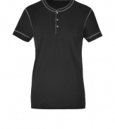 Punctuated with white stitching, this black cotton henley-style tee from Marc by Marc Jacobs counts a must for casual city looks - Round neckline, short sleeves, button placket - Slim fit - Wear with a cool cardigan, jeans and leather boots