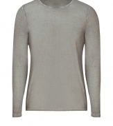 Stylish t-shirt in fine, pure pale grey silk - Supremely soft, summer weight material has a well-worn, vintage look - Crew neck, long sleeves and decorative seams - Leaner cut tapers gently through waist - Casually elegant, easily dressed up or down - Wear solo or layer beneath a blazer and pair with jeans, chinos, shorts or linen trousers