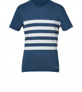 With its cool thick striping and modern slim fit, Burberry Brits indigo and bone striped tee is a contemporary choice for your laid-back looks - Round neckline, short sleeves, logo print at hemline - Slim fit - Wear with jeans and sneakers and your favorite hoodie
