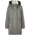 Inject a chic utilitarian edge into your outerwear wardrobe with Closeds washed grey weighty cotton parka, complete with luxe shearling trim for that effortless cool, classic look - Stand-up collar, cream shearling trim, removable hood, long sleeves, buttoned elasticized cuffs, button-down front,  snapped flap pockets, quilted lining - Classic straight fit - Wear with rugged winter boots and chic cashmere knit caps