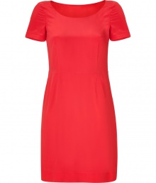 Turn heads in this elegant silk and synthetic fiber dress - Burst of soft, red color makes the simple case-cut style polished and feminine - Round neck and short sleeves - Waist darts and mini-length - Slim and flattering to the figure - Beautiful choice for anything from the office to an art party - Pair with chic pumps and youre ready for anything