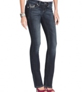 Rhinestones and embroidered back pockets give Earl Jeans' petite denim a style upgrade -- featuring a flattering skinny fit and slimming dark wash.