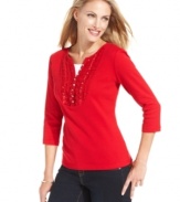 Ruffles and rhinestones give Karen Scott's petite top a glamorous update. Wear it to jazz up your favorite jeans!