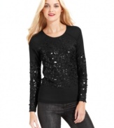 Tonal sequins light up this petite DKNY Jeans mesh top. Pair it with denim for a casual, yet totally glam ensemble!