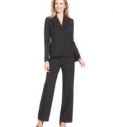 Braided trim and delicately pleated lapels add subtle yet appealing detail to Le Suit's refined petite pantsuit.