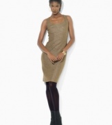 Interwoven Lurex® sparkles on this elegant wool herringbone petite dress, designed in a sleeveless silhouette with a scoop neckline for timeless glamour.