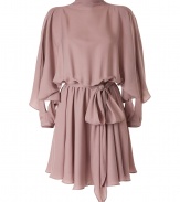 Luxurious dress in a fine rose grey synthetic-silk blend - really soft, flattering material - from the New York In-label Halston Heritage, a hommage to the 70s Design God, Halston - really elegant and refined - wide, loose top with stand collar and long, slit sleeves - feminine tie belt at the waist - skirt falls in soft, flowing pleats and is mini length - a favorite dress for many occasions from art events to cocktail parties - wear with gladiator booties, pumps or peep toes