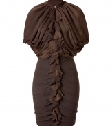 Luxurious dress in fine olive green synthetic - Tremendously spectacular and ultra glamorous - The top is elegantly draped, has dropped sleeves and a high round neckline - Sexy snug mini skirt with gorgeous ruffle trim - Stunningly accentuated waist, zipper closure - A dress for the red carpet moments in life when you are in the limelight - Wear with elegant sandals, cool booties, stylish pumps