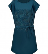 Feminine dress in fine, blue-green silk - Fashionable, slim tunic cut with round neck and flutter short sleeve - Features elegant embroidered front, and figure-flattering waist belt with bow - Sexy mini-length - Perfect dress to pack for vacation - Wear with wedges, thongs or cork sandals