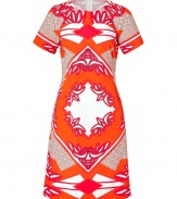 Simply stunning dress in brightly-colored graphic printed cotton of orange and pink - Slim case silhouette with a round neck, short sleeves and clean lines - Thigh-length - Wonderful, summery choice for work, ladies luncheon, arts event or party - Pair with platform sandals and an exclusive shopper tote