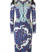 Take a contemporary stance on sophistication this season in Emilio Puccis tonal blue graphic print dress, detailed with cut-out shoulders and a deep V back for an exquisitely alluring edge - Rounded neckline, long sleeves, zippered cuffs, gathered side with wrapped skirt, hidden back zip, sheer black trim - Form-fitting - Pair with sleek boots and a streamlined handbag