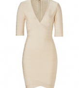 A favorite among Red Carpet-ready starlets, this figure-hugging bandage dress from Herv? L?ger boasts elbow-length sleeves and a daring hemline - V-neck, three-quarter sleeves, figure-enhancing bandage panels, back and side seam details, concealed back zip closure - Extra form-fitting - Wear with a slim trench, statement heels, and a studded clutch