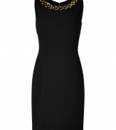 Leave your jewels at home and dress up your neckline with DKNYs cross-back embellished dress - Round neckline and thick straps with black and gold-toned embellishment, crisscross back straps, hidden back zip - Form-fitting - Wear with a blazer and sleek ankle boots