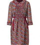 Both feminine and sweet with its velvet trim and round collar, Anna Suis floral print dress is a fun way to brighten up your workweek look - Round collar, 3/4 length sleeves, smocked front detailing, side bows, hidden back zip, merlot velvet trim throughout - Tailored fit - Wear with just as bright accessories and sleek leather knee-high boots