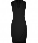 With a cool collar and form-fitting silhouette, Rachel Zoes crepe sheath is a contemporary way to dress up your Little Black Dress collection - Modern collar, V-neckline, sleeveless, fitted waist, wrapped skirt with curved hemline, hidden back zip - Wear with heels and statement chunky jewelry