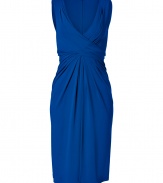 The classic cocktail sheath gets a sultry twist - literally - with this cool-hued draped iteration from Michael Kors - V-neckline, sleeveless, crisscross front with front waistline drape, knee-length skirt, concealed back zip closure - Fitted draped silhouette - Style with strappy pumps, a sleek evening trench, and an embellished clutch