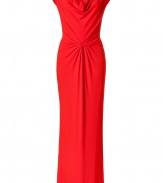With a cowl neckline and a chic draped silhouette, this figure-flattering gown boasts both comfort sultry appeal - Cowl neckline, cap sleeve, front draped waist, concealed back zip, fishtail back hem - Fitted draped silhouette - Style with statement pumps and a leather clutch