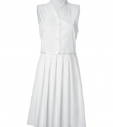 Work a sweet edge into your warm weather staples with Jil Sander Navys dotted daisy cotton shirtdress - Notched collar, sleeveless, partial button-down front, satin trim around the waist, full pleated skirt, hidden side zip, allover cut-out center dotted daisies - Tailored fit - Wear with peep-toes and a chain-detailed clutch