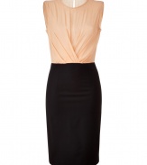With a seductive open back and elegant two-tone coloring, By Malene Birgers silk cocktail dress is both flattering and feminine - Round neckline, sleeveless, crossed bodice, open back with button closure at nape, black pencil skirt - Loosely draped bodice, form-fitting pencil skirt - Wear with sleek heels and a dusting of sparkly fine jewelry